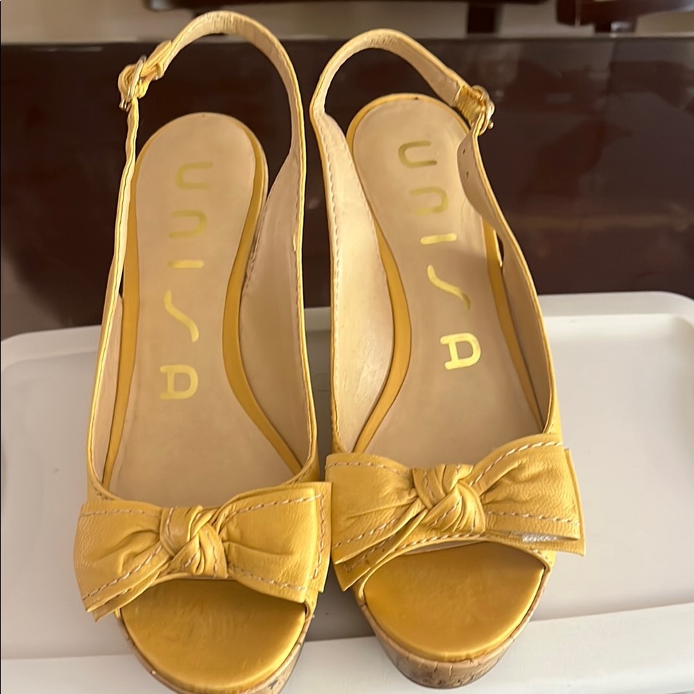 Unisa Yellow Wedge Slingback Sandals with Bow